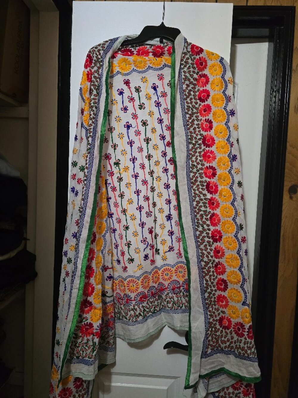 Women's White Sheer Dupatta (Long Scarf) w Multicolor Embroidered Work all over